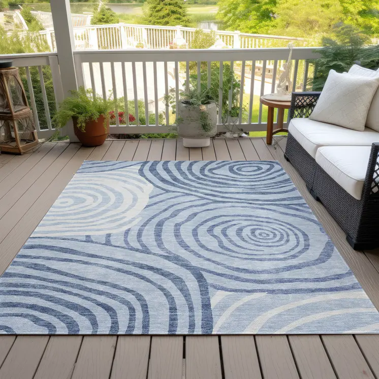 8' X 10' Sky Blue Denim Blue And Ivory Abstract Washable Indoor Outdoor Area Rug