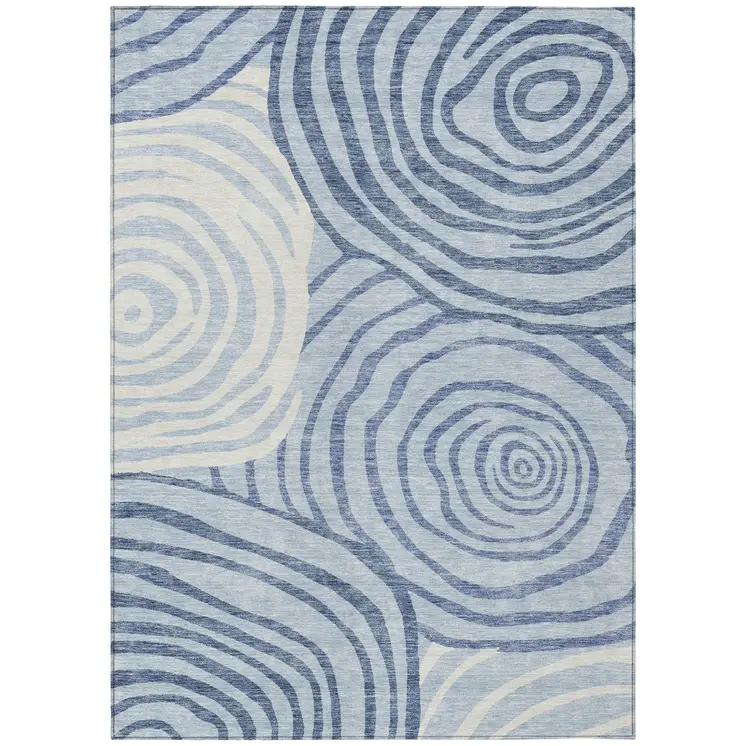 8' X 10' Sky Blue Denim Blue And Ivory Abstract Washable Indoor Outdoor Area Rug