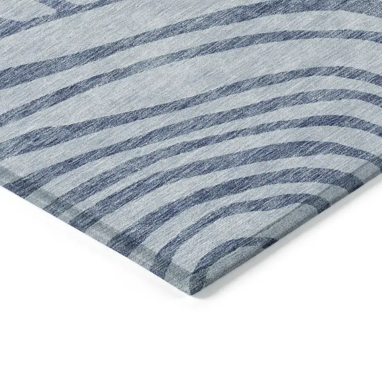 8' X 10' Sky Blue Denim Blue And Ivory Abstract Washable Indoor Outdoor Area Rug