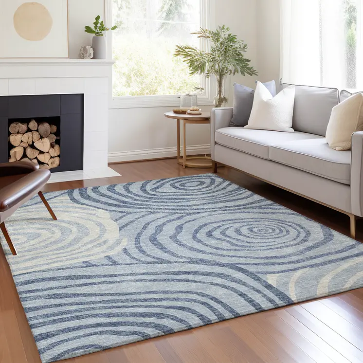 8' X 10' Sky Blue Denim Blue And Ivory Abstract Washable Indoor Outdoor Area Rug