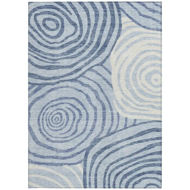 9' X 12' Sky Blue Denim Blue And Ivory Abstract Washable Indoor Outdoor Area Rug