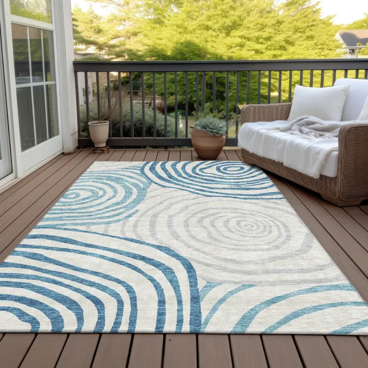 3' X 5' Teal Blue Ivory And Silver Abstract Washable Indoor Outdoor Area Rug