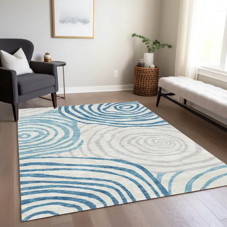 3' X 5' Teal Blue Ivory And Silver Abstract Washable Indoor Outdoor Area Rug