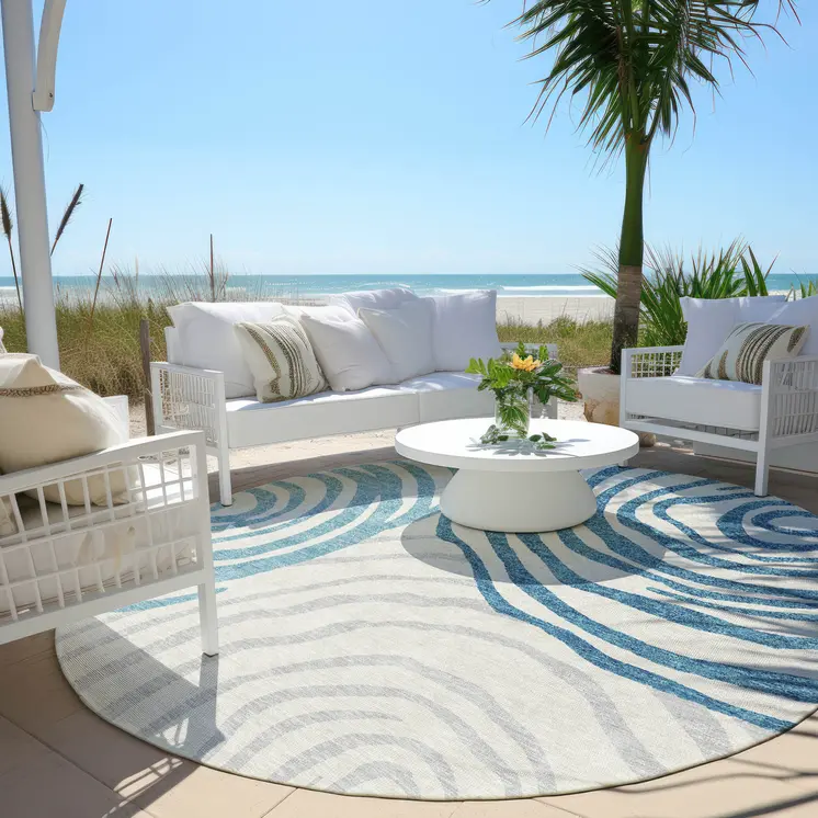 8' Teal Blue Ivory And Silver Round Abstract Washable Indoor Outdoor Area Rug