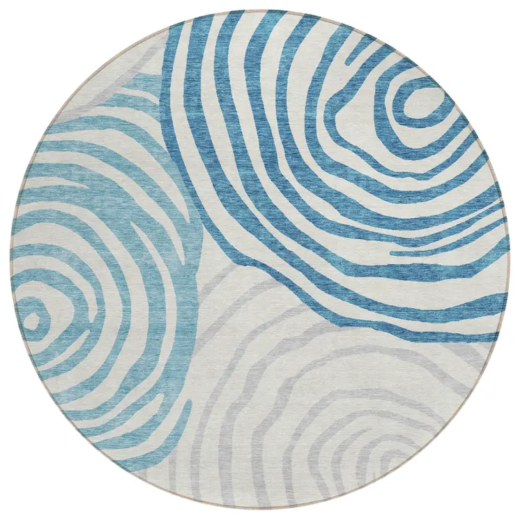 8' Teal Blue Ivory And Silver Round Abstract Washable Indoor Outdoor Area Rug