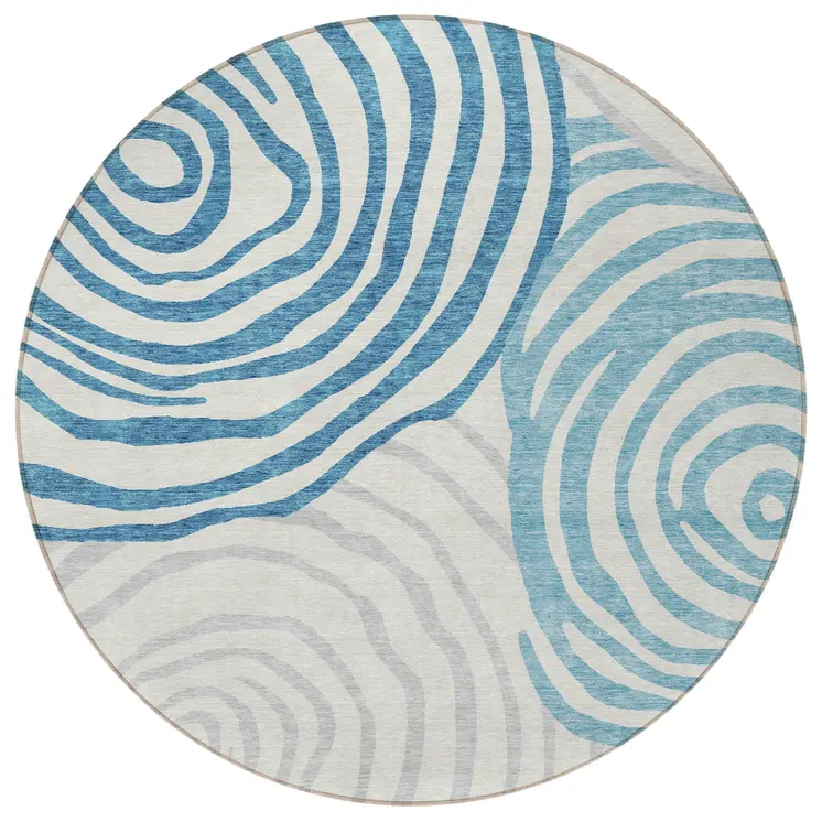 8' Teal Blue Ivory And Silver Round Abstract Washable Indoor Outdoor Area Rug