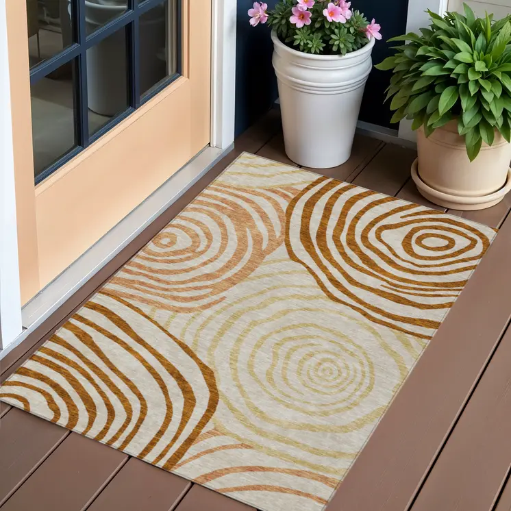 3' X 5' Terra Cotta Copper And Gold Abstract Washable Indoor Outdoor Area Rug