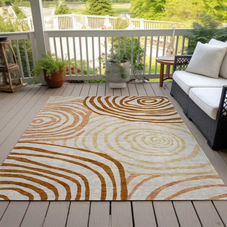 3' X 5' Terra Cotta Copper And Gold Abstract Washable Indoor Outdoor Area Rug