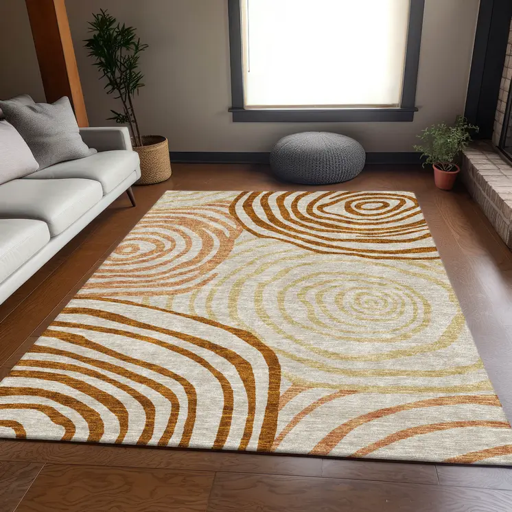3' X 5' Terra Cotta Copper And Gold Abstract Washable Indoor Outdoor Area Rug