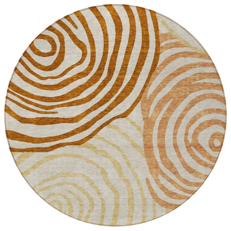 8' Terra Cotta Copper And Gold Round Abstract Washable Indoor Outdoor Area Rug