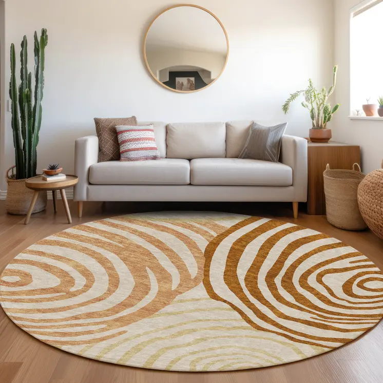 8' Terra Cotta Copper And Gold Round Abstract Washable Indoor Outdoor Area Rug