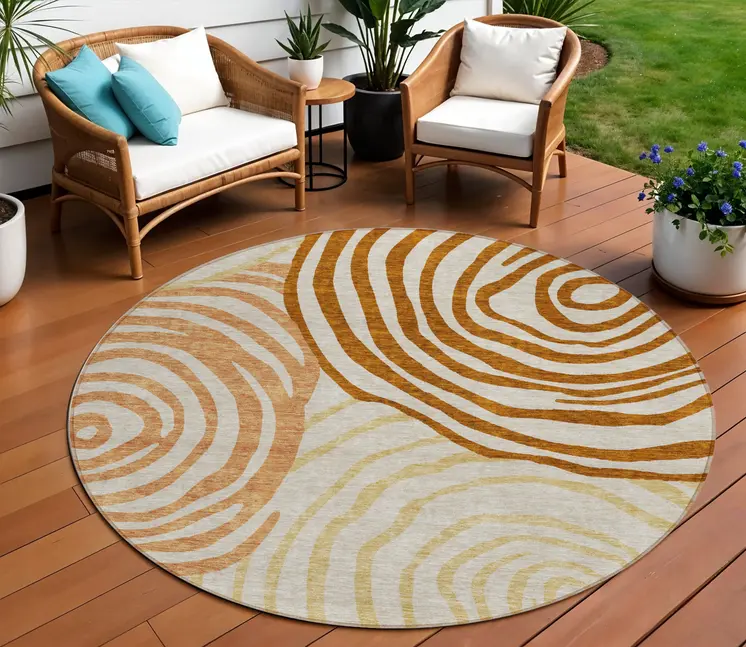 8' Terra Cotta Copper And Gold Round Abstract Washable Indoor Outdoor Area Rug