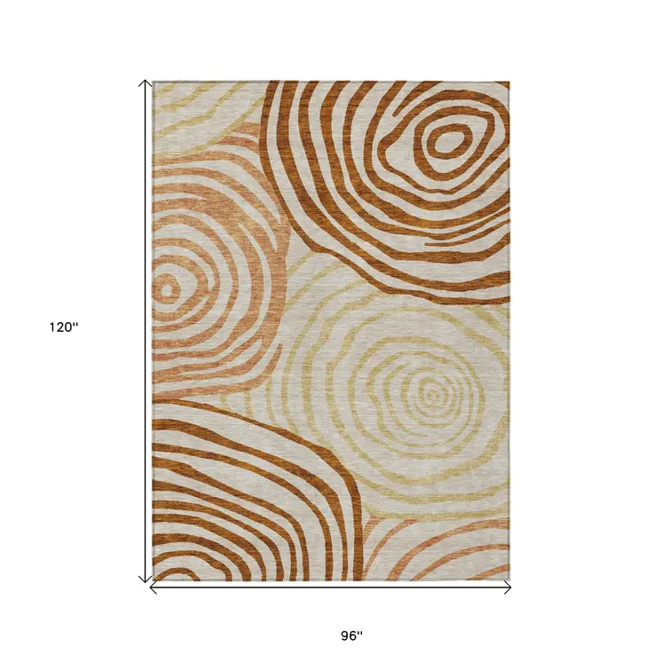 8' X 10' Terra Cotta Copper And Gold Abstract Washable Indoor Outdoor Area Rug