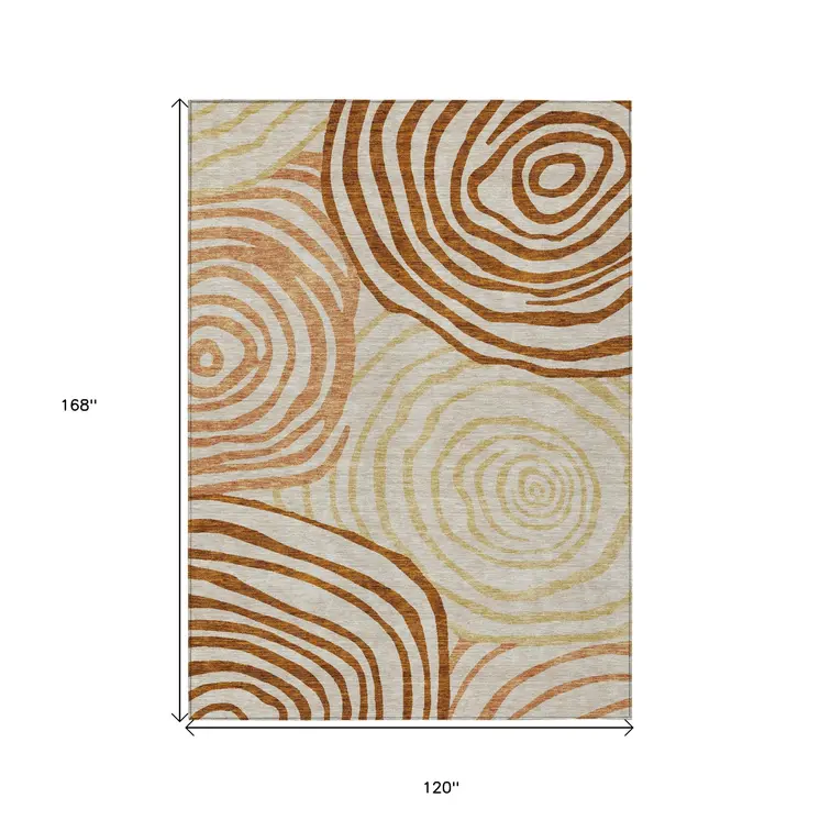10' X 14' Terra Cotta Copper And Gold Abstract Washable Indoor Outdoor Area Rug