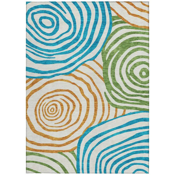 3' X 5' White Orange And Teal Blue Abstract Washable Indoor Outdoor Area Rug