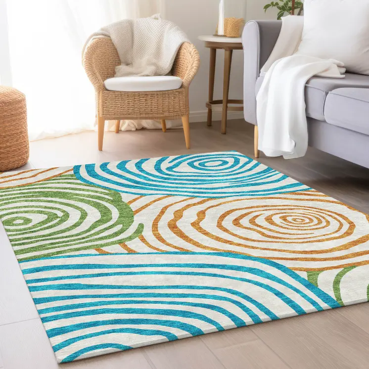 3' X 5' White Orange And Teal Blue Abstract Washable Indoor Outdoor Area Rug
