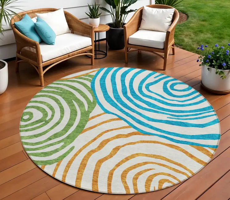 8' White Orange And Teal Blue Round Abstract Washable Indoor Outdoor Area Rug
