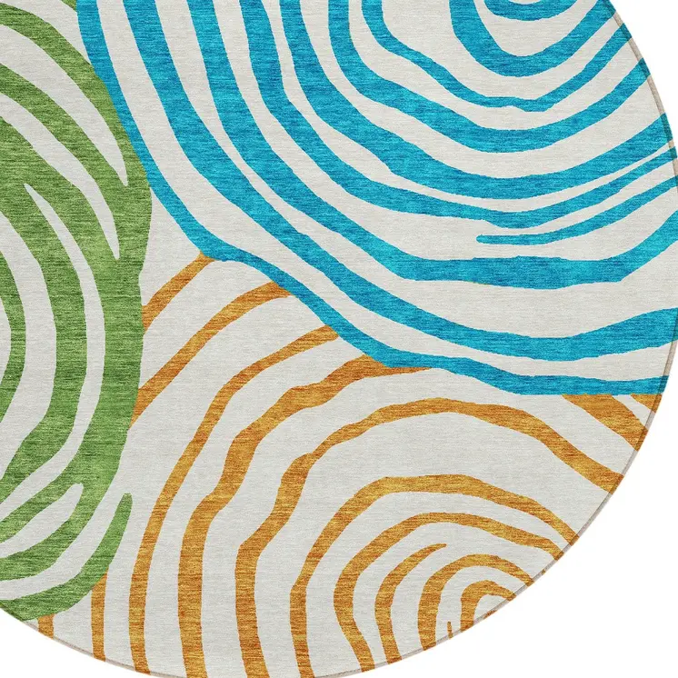 8' White Orange And Teal Blue Round Abstract Washable Indoor Outdoor Area Rug