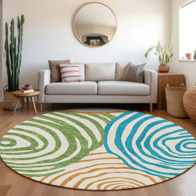 8' White Orange And Teal Blue Round Abstract Washable Indoor Outdoor Area Rug