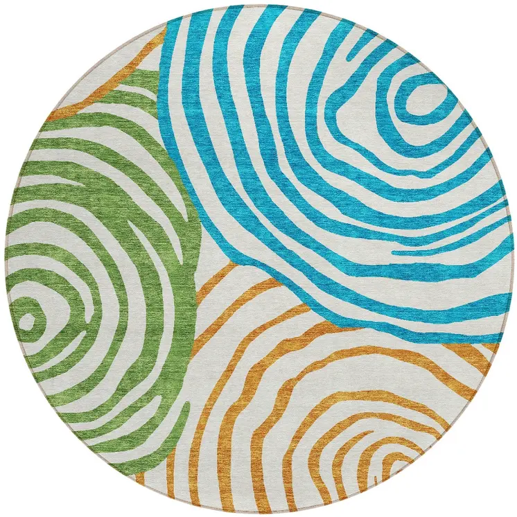 8' White Orange And Teal Blue Round Abstract Washable Indoor Outdoor Area Rug