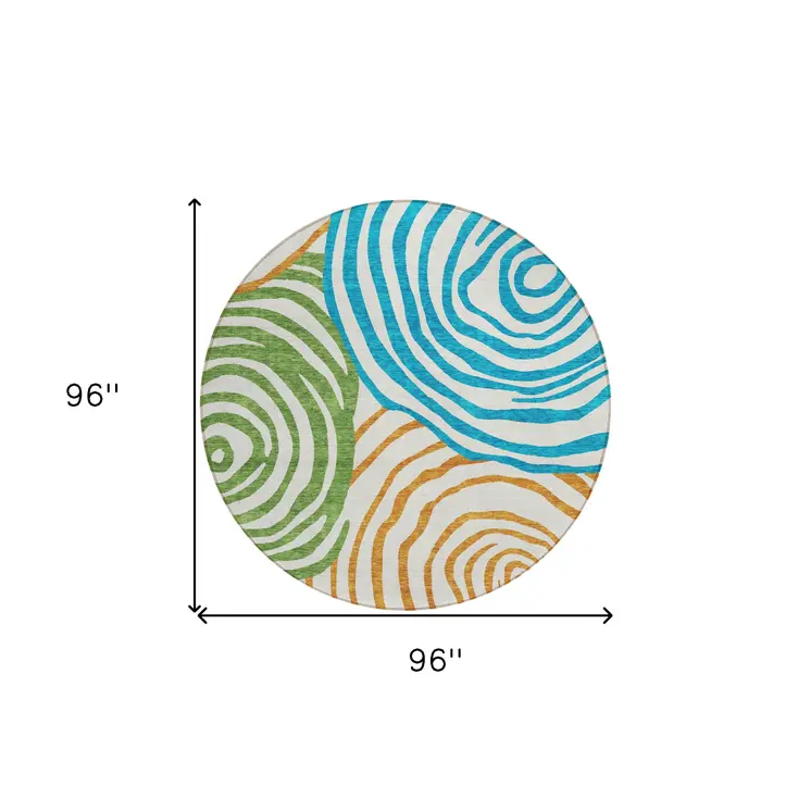 8' White Orange And Teal Blue Round Abstract Washable Indoor Outdoor Area Rug