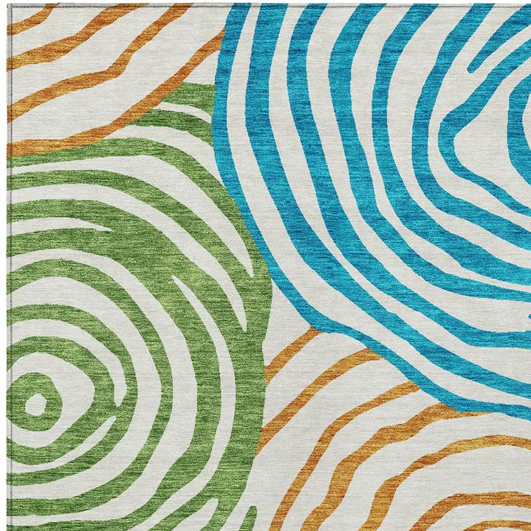 9' X 12' White Orange And Teal Blue Abstract Washable Indoor Outdoor Area Rug