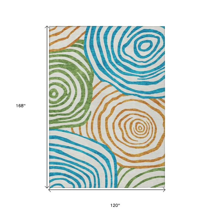 10' X 14' White Orange And Teal Blue Abstract Washable Indoor Outdoor Area Rug