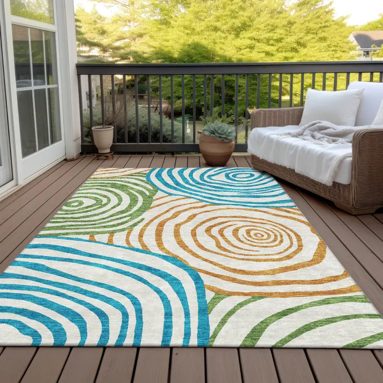 10' X 14' White Orange And Teal Blue Abstract Washable Indoor Outdoor Area Rug