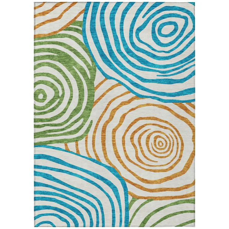 10' X 14' White Orange And Teal Blue Abstract Washable Indoor Outdoor Area Rug