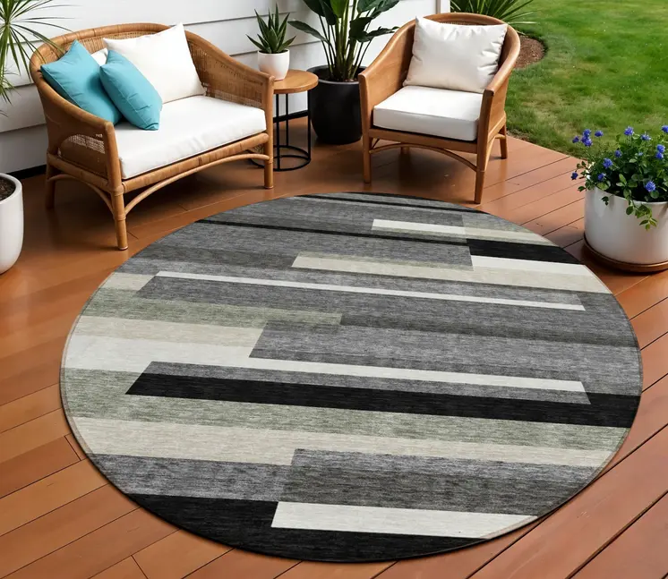 8' Black Charcoal And Gray Round Striped Washable Indoor Outdoor Area Rug