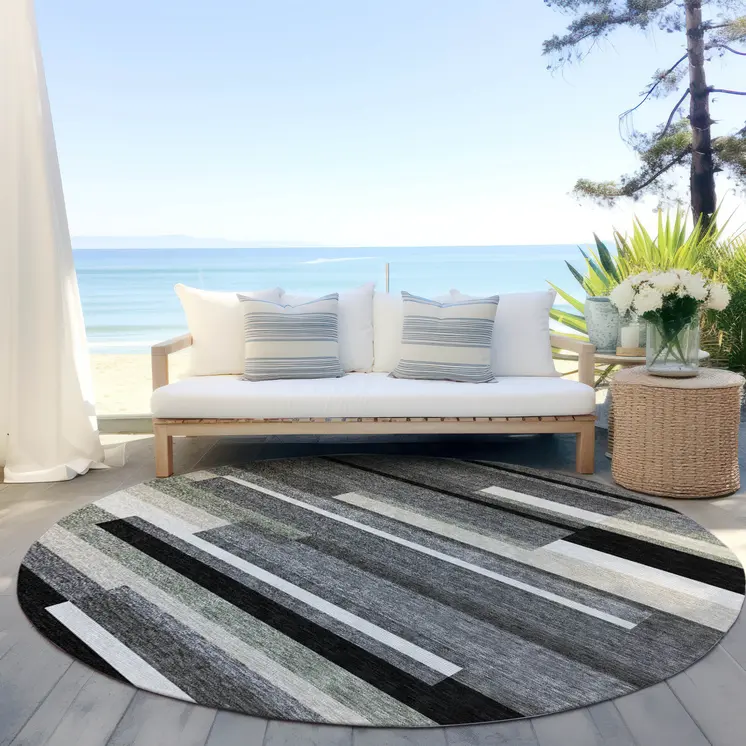 8' Black Charcoal And Gray Round Striped Washable Indoor Outdoor Area Rug