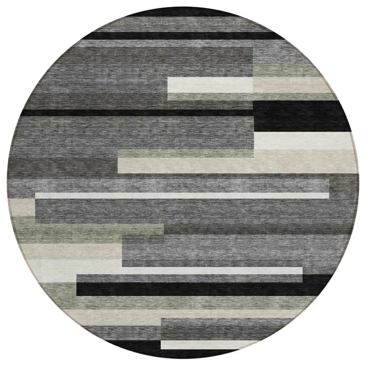 8' Black Charcoal And Gray Round Striped Washable Indoor Outdoor Area Rug