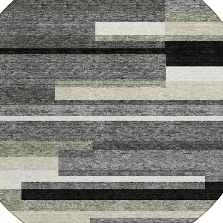 8' Black Charcoal And Gray Round Striped Washable Indoor Outdoor Area Rug