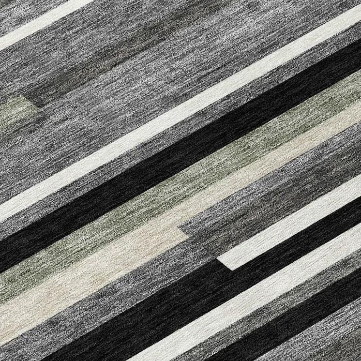 8' Black Charcoal And Gray Round Striped Washable Indoor Outdoor Area Rug