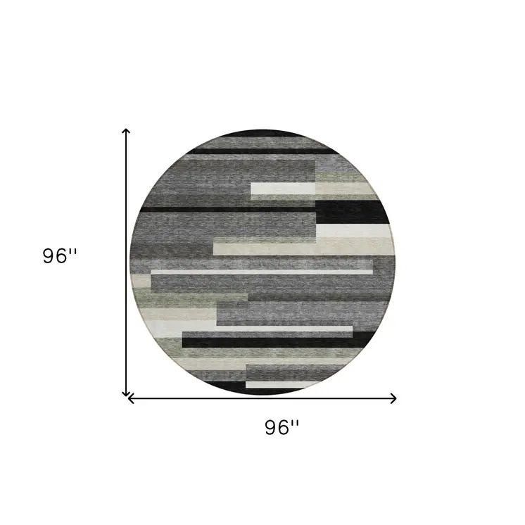 8' Black Charcoal And Gray Round Striped Washable Indoor Outdoor Area Rug