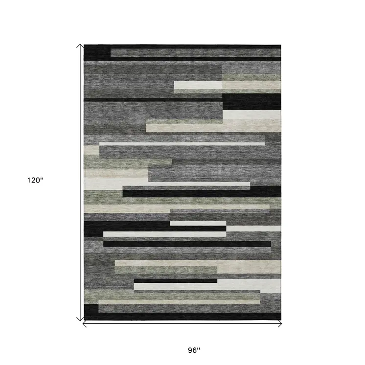 8' X 10' Black Charcoal And Gray Striped Washable Indoor Outdoor Area Rug