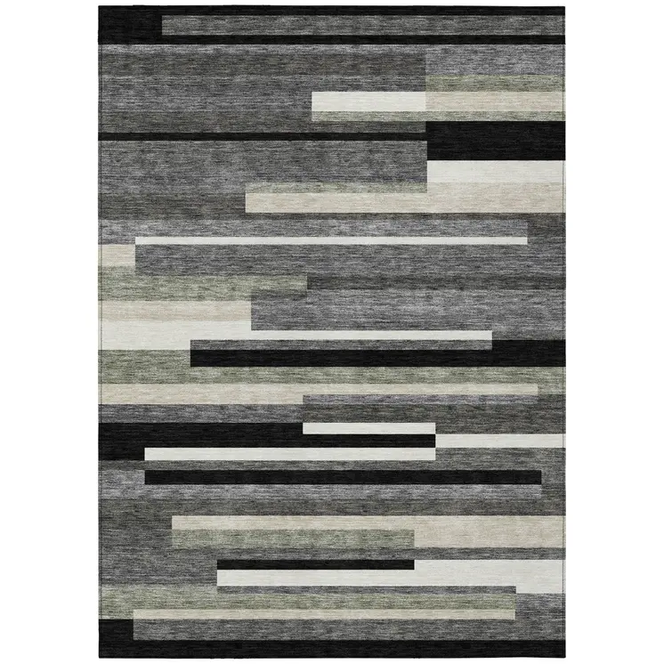 8' X 10' Black Charcoal And Gray Striped Washable Indoor Outdoor Area Rug