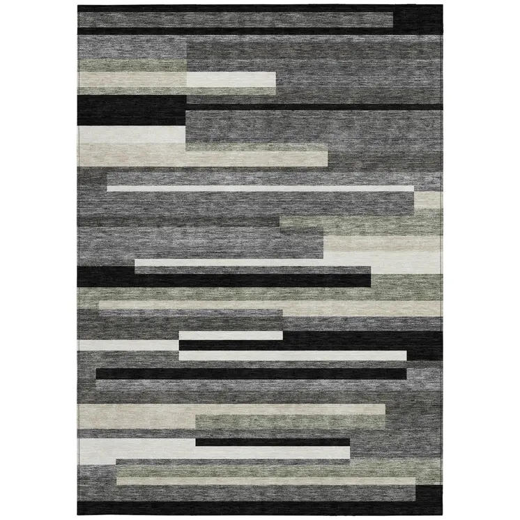 8' X 10' Black Charcoal And Gray Striped Washable Indoor Outdoor Area Rug