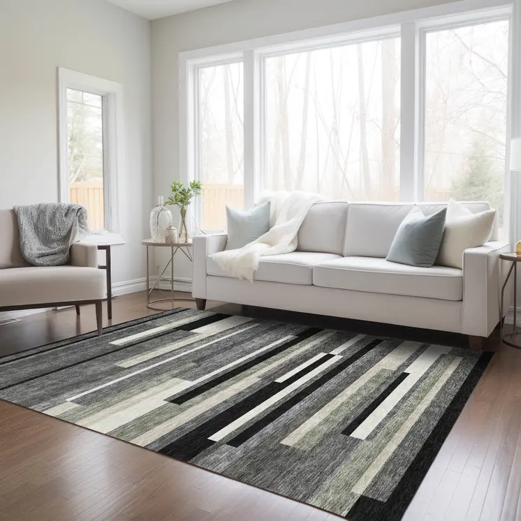 8' X 10' Black Charcoal And Gray Striped Washable Indoor Outdoor Area Rug