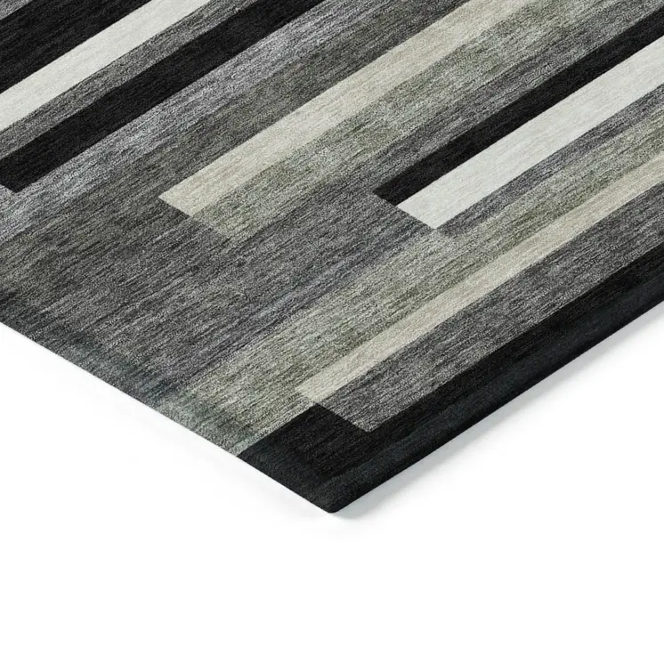 9' X 12' Black Charcoal And Gray Striped Washable Indoor Outdoor Area Rug