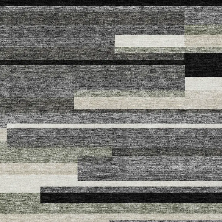 9' X 12' Black Charcoal And Gray Striped Washable Indoor Outdoor Area Rug