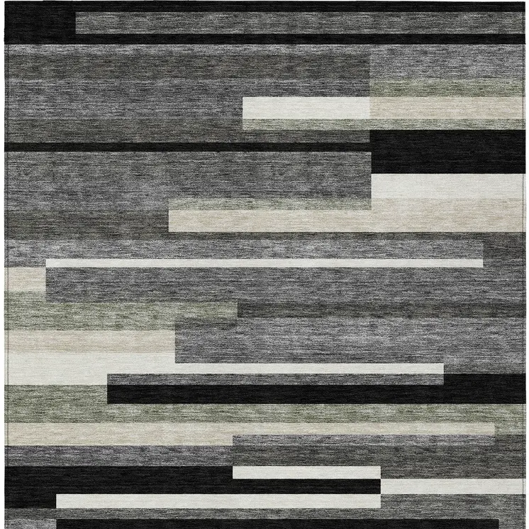 10' X 14' Black Charcoal And Gray Striped Washable Indoor Outdoor Area Rug