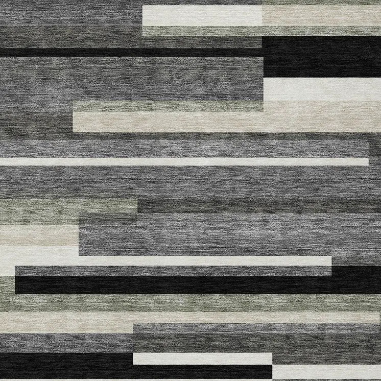 10' X 14' Black Charcoal And Gray Striped Washable Indoor Outdoor Area Rug