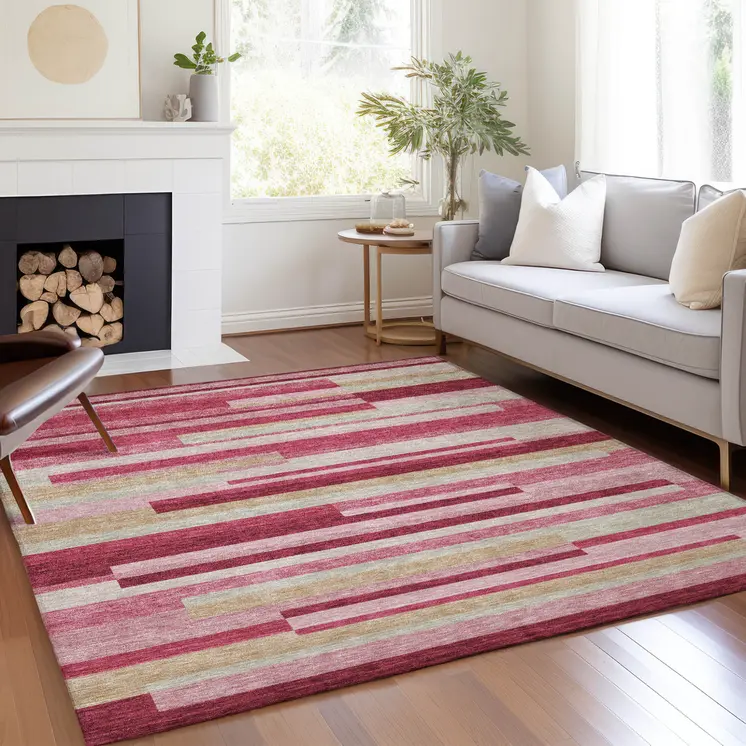 3' X 5' Blush Pink And Mauve Striped Washable Indoor Outdoor Area Rug