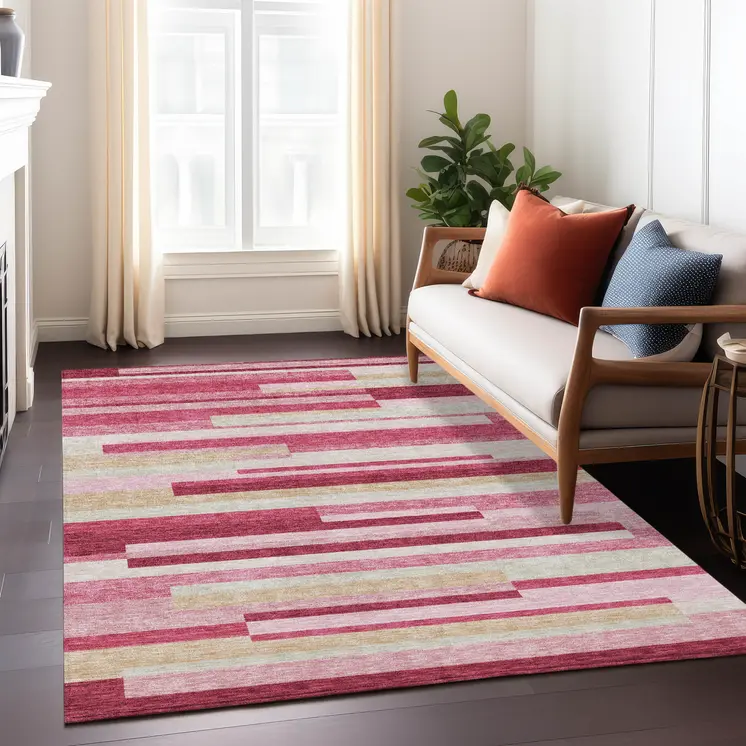 5' X 8' Blush Pink And Mauve Striped Washable Indoor Outdoor Area Rug
