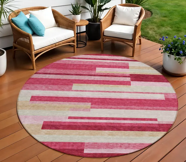 8' Blush Pink And Mauve Round Striped Washable Indoor Outdoor Area Rug