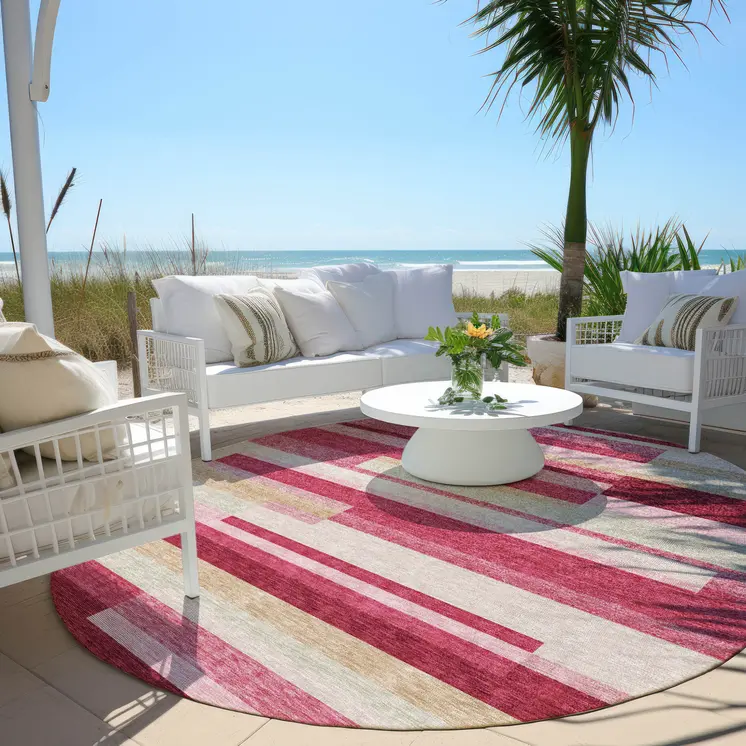 8' Blush Pink And Mauve Round Striped Washable Indoor Outdoor Area Rug