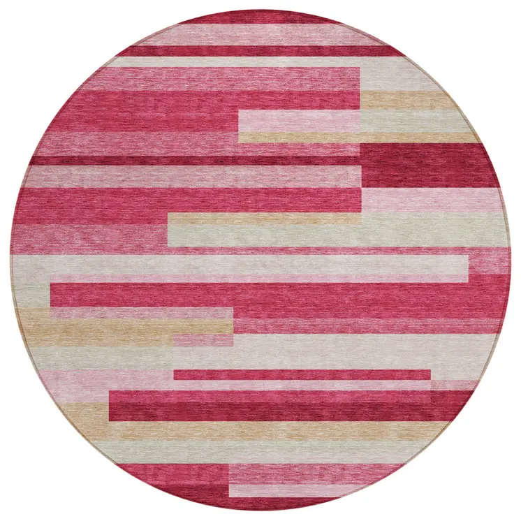 8' Blush Pink And Mauve Round Striped Washable Indoor Outdoor Area Rug