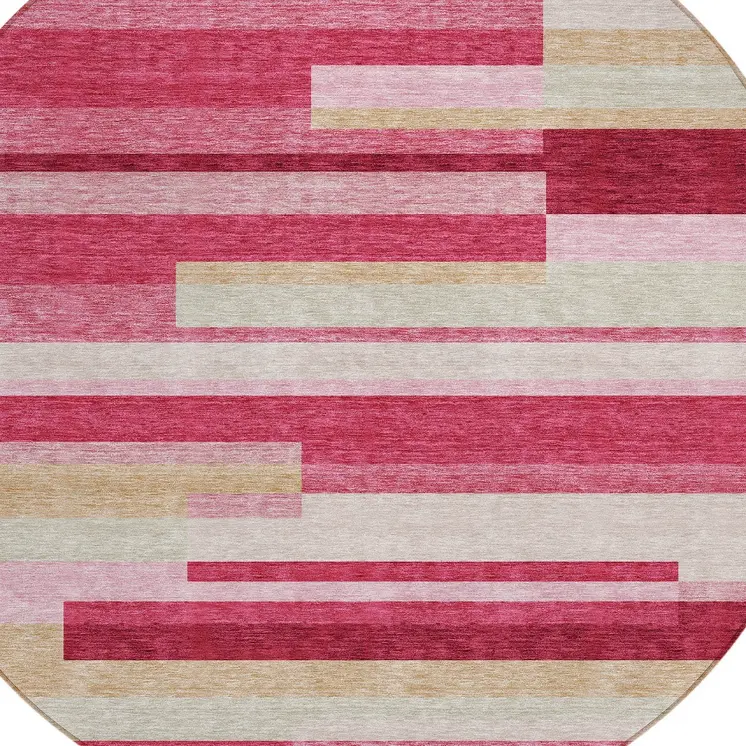 8' Blush Pink And Mauve Round Striped Washable Indoor Outdoor Area Rug