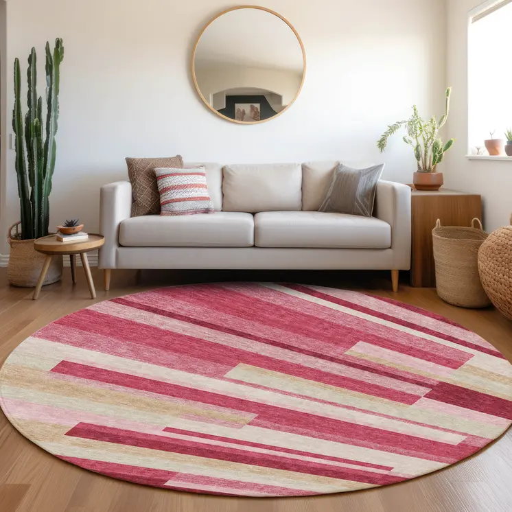 8' Blush Pink And Mauve Round Striped Washable Indoor Outdoor Area Rug